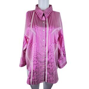 Chico's Silk Blend Pink White Stripped  Business Work Wear Blouse 3 - L